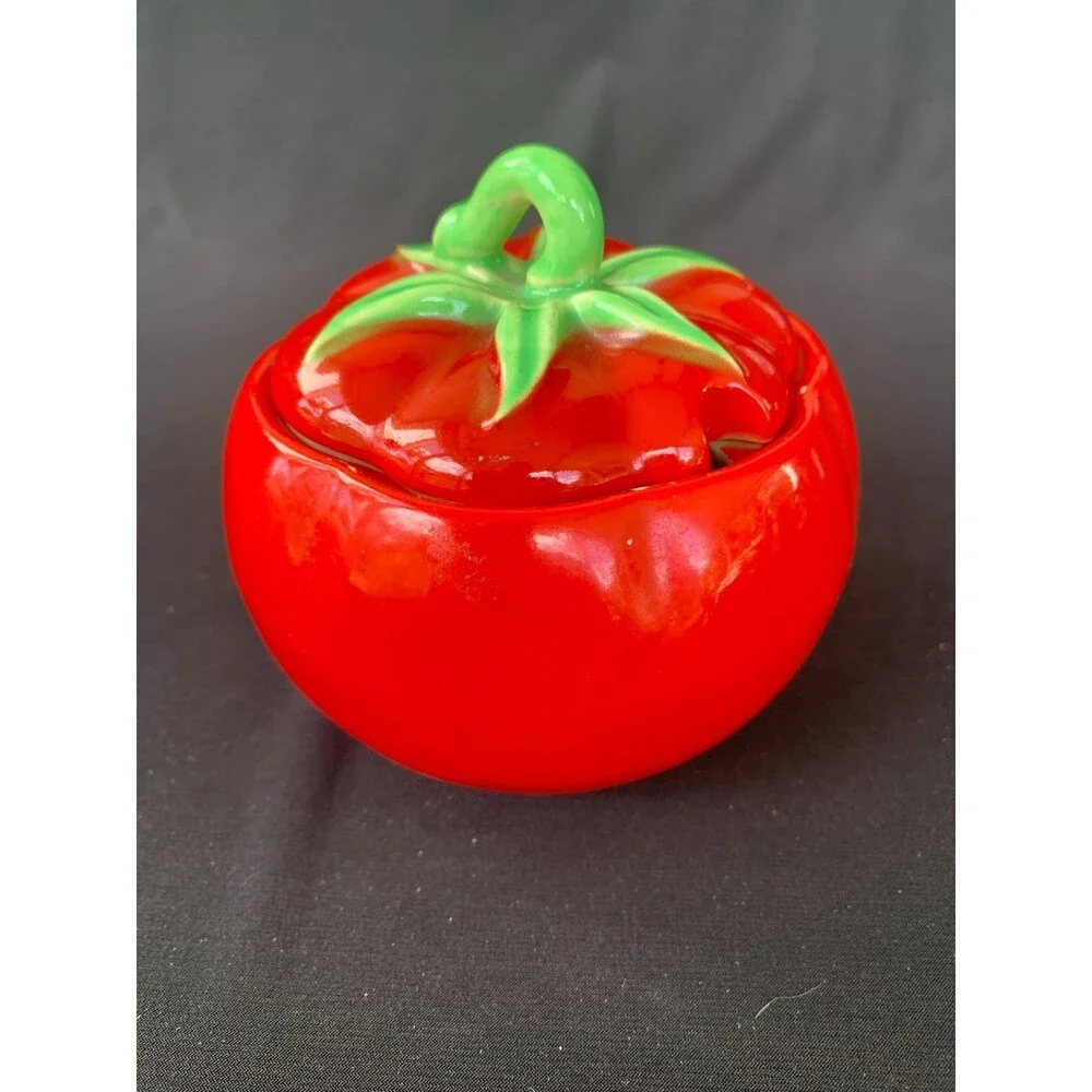 1940's Vintage Pantry Parade Ceramic Tomato Lidded Condiments Jar Retro w/Spoon